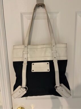 Burberry Black and White Canvas Tote with Leather Trim